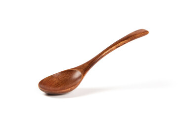 One empty wooden spoon isolated on white background.	
