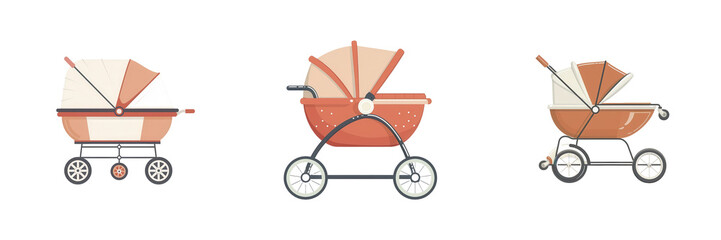 Colorful baby strollers on white background