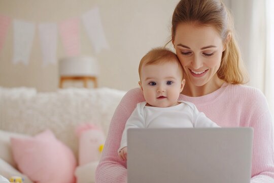 A smiling mother with her baby, both looking at a laptop screen in a cozy, pastel-colored nursery