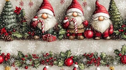 A seamless holiday pattern of festive gnomes holding candy canes, surrounded by holly, snowflakes, ornaments, and Christmas trees, with red, green, and white tones. Cute, cozy,