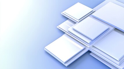 Glossy blue and grey squares abstract tech banner design with layers of transparent material in square shapes.