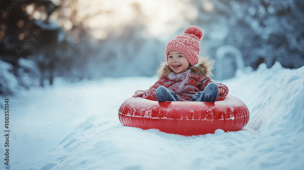 Wall mural active toddler girl sliding down the hill on snow tube. cute little happy child having fun outdoors 