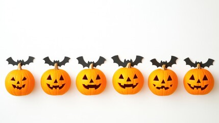 Pumpkins and bat cutouts arranged on a clean white background, perfect for Halloween, with ample copy space. No people, no logo.