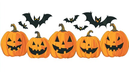 Naklejka premium Pumpkins and bat silhouettes arranged on a white background, perfect for Halloween designs with copy space. No people, no logo.