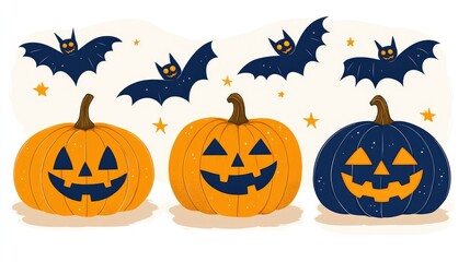 Pumpkins and bat silhouettes creatively arranged on a white background, perfect for Halloween designs with copy space. No people, no logo.