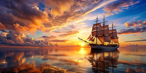 Majestic Sailing Ship Gliding Across Calm Sea Under Vibrant Sunset Sky with Warm Colors Reflected