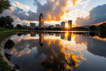 Naklejka premium An urban skyline reflected in a calm river, with towering buildings and city lights mirrored in the water at sunset