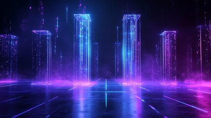 Fototapeta premium A futuristic digital landscape featuring glowing columns and vibrant colors, creating a surreal high-tech atmosphere.