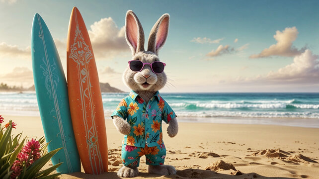 Cooler Osterhase am Strand mit Surfbrettern