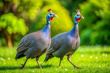 Fototapeta premium Male and Female Guinea Fowl Walking Together on Green Grass in a Natural Outdoor Setting