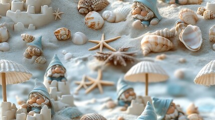 Fototapeta premium A seaside adventure with gnomes building sandcastles, playing with seashells, and relaxing under tiny beach umbrellas, with starfish scattered along the sandy beach, soft blues and warm pastels,