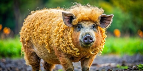 Fototapeta premium Mangalica Pig in Natural Habitat Showcasing Unique Curly Fur and Distinctive Appearance Outdoors