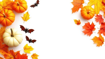 Top view of Halloween decorations: pumpkins, bats, and leaves, isolated on a white background with space for copy. No people, no logo.
