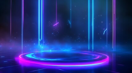 A vibrant, glowing abstract background with neon lights and a circular platform, perfect for futuristic designs.