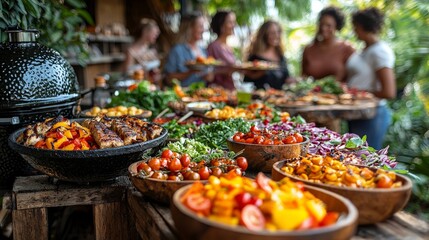 A vibrant outdoor gathering featuring a variety of colorful dishes and people enjoying a meal.