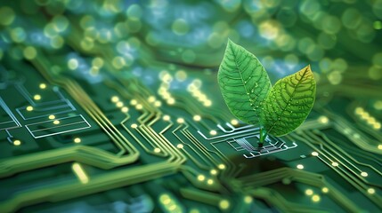 Sprout with two green leaves emerges from a circuit board, representing the intersection of nature and technology.