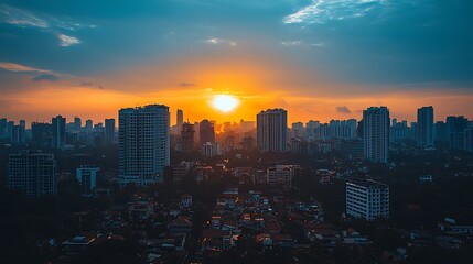 Naklejka premium The skyline fades into a brilliant orange sunset, the city below bathed in golden light.