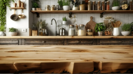 Empty wooden countertop on a kitchen blur background. Wood tabletop for product presentation. Eco simple mockup in warm beige tones