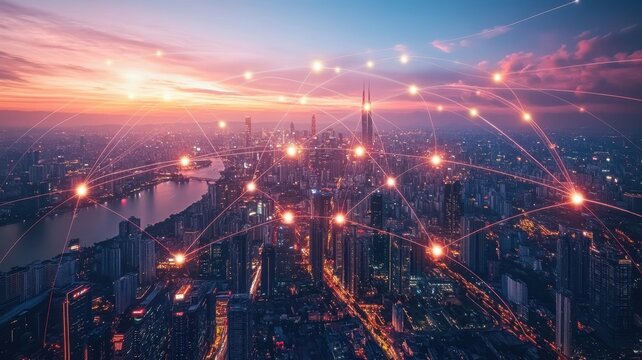 Aerial view of a city skyline with digital connections glowing at sunset.