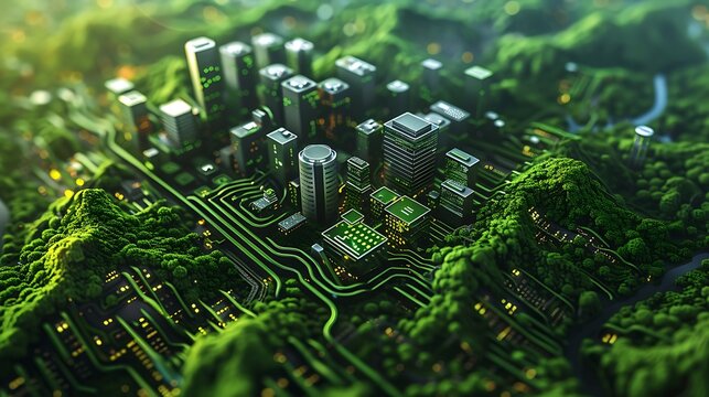 Futuristic city integrated with nature, a digital landscape that shows the interconnection of technology and environment.