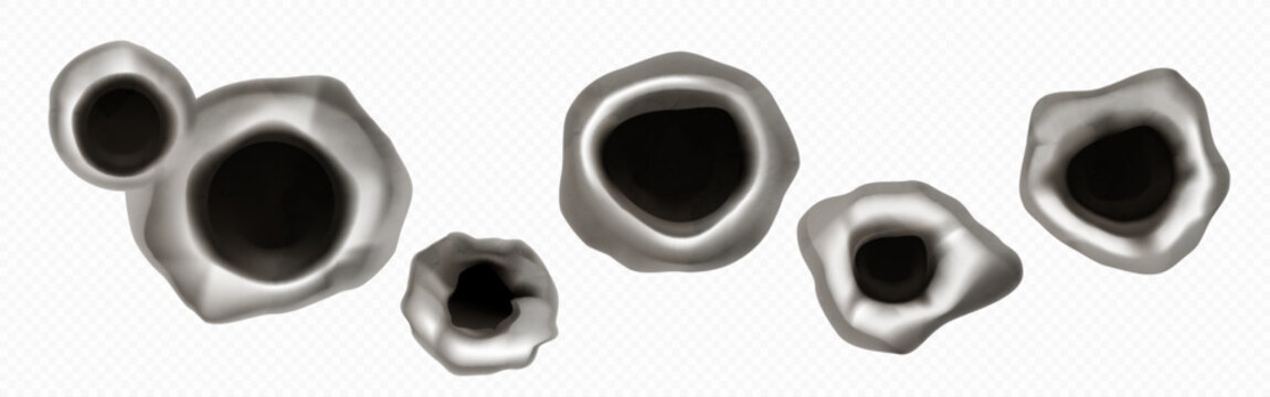 Bullet holes set isolated on transparent background. Vector realistic illustration of gun shot marks on surface, black holes of different size with damaged steel edges, crime scene, war aggression