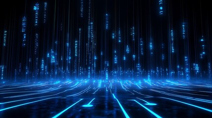 Abstract blue digital data flow with glowing lines on a dark background.