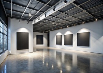 Obraz premium Modern minimalist gallery interior featuring a blank black canvas for artistic display 3D render