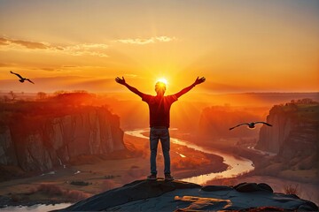 Persona alcanzando el éxito. Se representa en la cima de una montaña, en un atardecer, con los brazos extendidos, abrazando el éxito, en una puesta de sol simbólica. Senderismo. Paisaje. 