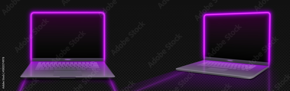 Poster laptop mockup with purple neon frame around screen on dark transparent background in two angles of v
