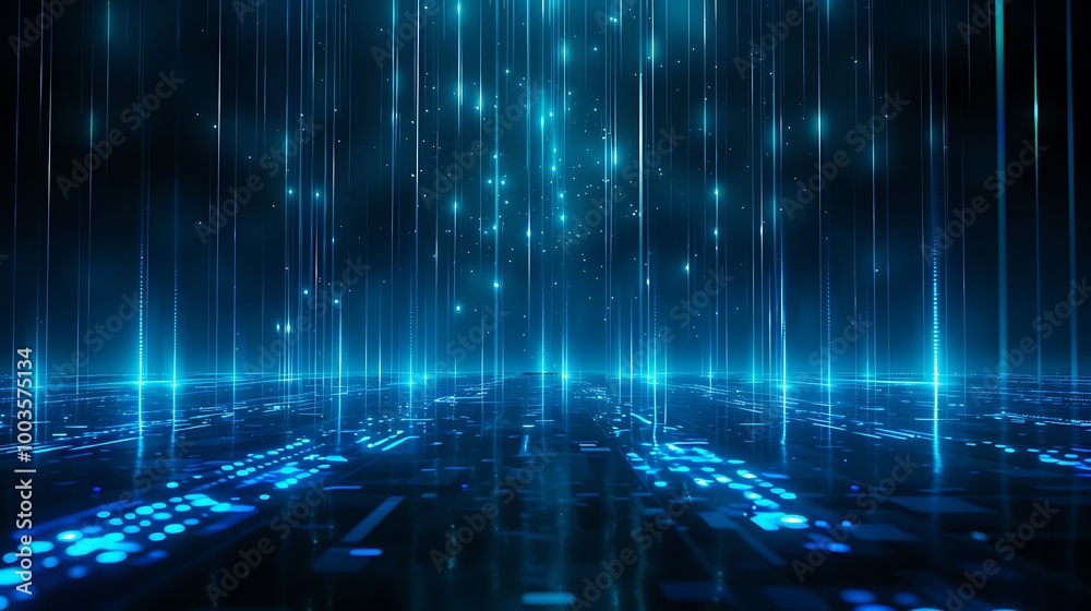 Poster abstract digital background with glowing blue lines and particles, creating a futuristic atmosphere.