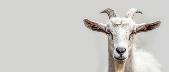 Close-up portrait of a white goat with horns.