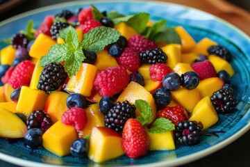 Obraz premium Fresh Fruit Salad with Mango, Berries and Mint.