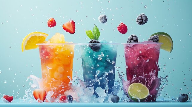 A stunning still life of vibrant frozen fruit granita drinks flowing within a plastic container