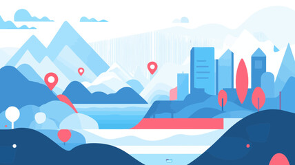 Naklejka premium Scenic City and Mountains with Location Pointers in Modern Vector Graphic Style