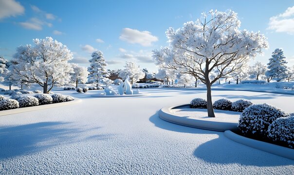 Snowy Winter Wonderland, a serene garden blanketed in snow, adorned with intricate ice sculptures glistening under a clear blue sky