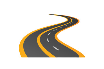 Curved asphalt road with double yellow lines flat vector illustration white background