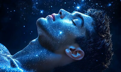 Fototapeta premium Surreal Gala Portrait, a man's face transformed into a vibrant celebration, blending colors and textures to evoke an enchanting atmosphere.