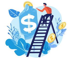 Businessman Climbing Money Ladder to Financial Independence, Wealth Planning and Investment Strategy Concept, Minimalist Flat Vector Illustration