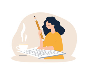 Young Woman Content Writer with Coffee Creating Bullet Journal or Blog - Minimalist SVG Vector Illustration