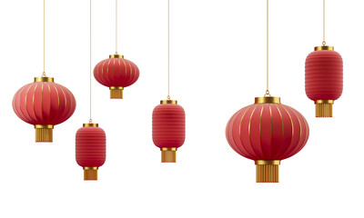 Red Chinese lanterns with gold accents hanging against a white background. 3D Rendering © ImageFlow