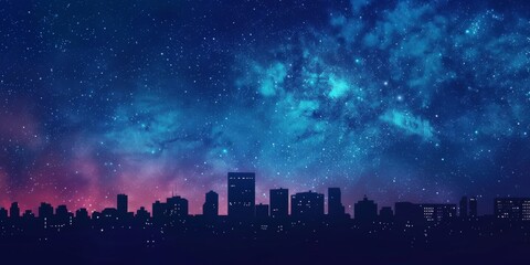 Silhouetted skyline with a starry sky in a calming lofi background.
