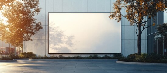 Obraz premium Blank billboard on a modern building with trees and landscaping.