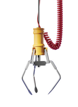 Closeup of a claw crane machine with a red coil cable and yellow body on a white background. Concept of arcade game. 3D Rendering
