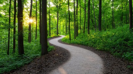 Obraz premium Sunlight streaming through tall trees onto a winding forest trail surrounded by vibrant