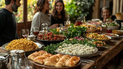 A vibrant table filled with various dishes, showcasing a communal dining experience.