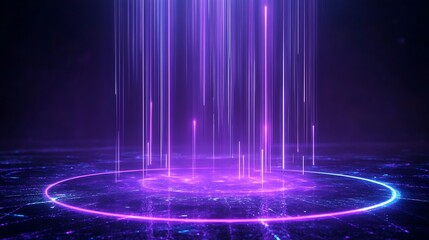 Abstract purple light beams radiate from a circular base, creating a futuristic atmosphere against a dark background.