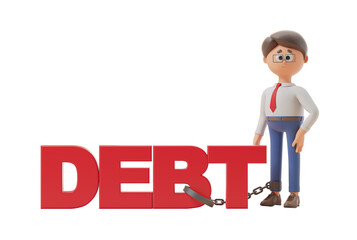 3D figure chained to large red debt text, on an isolated white background. Concept of financial burden and debt. 3D Rendering