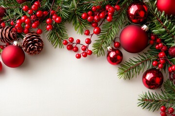 This is a collage of red cranberry branches and baby's breath flowers along with spruce tree branches and larch cones on a white table. Festive background. Flat lay.