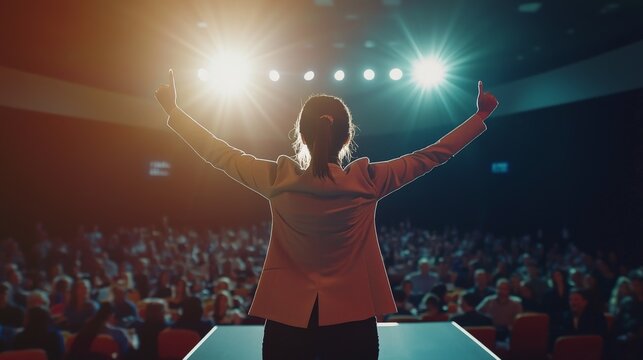 business woman with his arms in the air on huge conferance political 