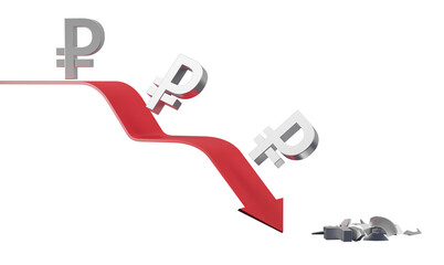 A red arrow showing a decline with ruble symbols falling, isolated on white background. Concept of currency depreciation. 3D Rendering